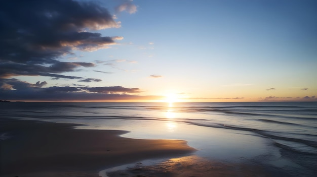 Um pôr do sol sobre o oceano com o sol se pondo no horizonte.