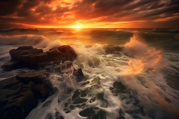 Um pôr do sol sobre o oceano com ondas batendo nas rochas