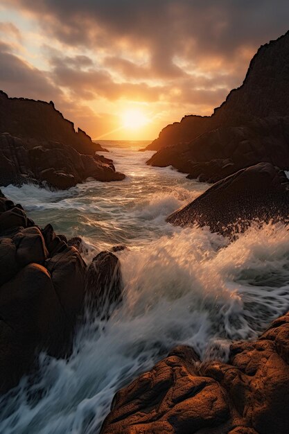 Um pôr do sol sobre o oceano com ondas batendo nas rochas