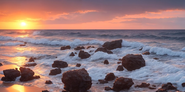 Um pôr do sol sobre o oceano com ondas quebrando na costa e grandes pedras em primeiro plano e na água Ilustração de paisagem marítima com céu nublado de praia de areia e sol poente Generative AI