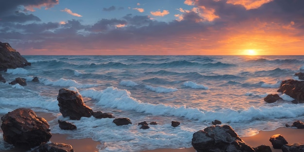 Um pôr do sol sobre o oceano com ondas quebrando na costa e grandes pedras em primeiro plano e na água Ilustração de paisagem marítima com céu nublado de praia de areia e sol poente Generative AI