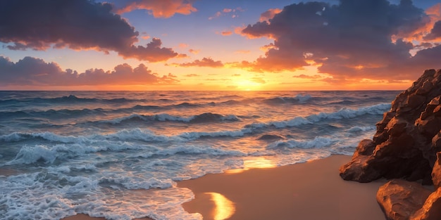 Um pôr do sol sobre o oceano com ondas quebrando na costa e rochas em primeiro plano Ilustração de paisagem marítima com céu nublado de praia de areia e sol poente IA generativa