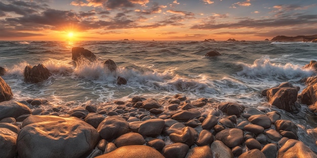 Um pôr do sol sobre o oceano com ondas quebrando na costa e rochas na água Ilustração de paisagem marítima com céu nublado e sol poente IA generativa