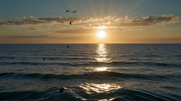 Foto um pôr-do-sol sobre o oceano com pássaros voando sobre a água