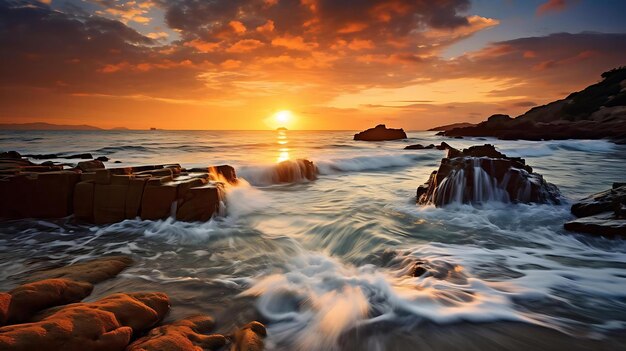 Um pôr do sol sobre o oceano com pedras e ondas