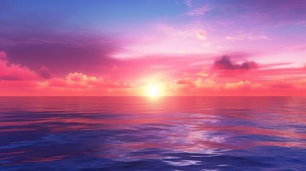 Um pôr do sol sobre o oceano com um céu roxo e nuvens.