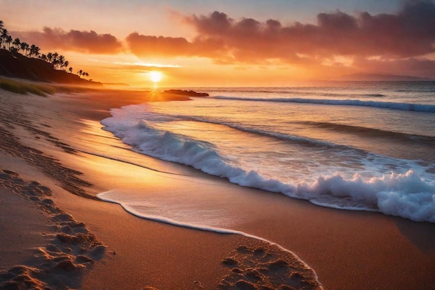 um pôr-do-sol sobre o oceano com uma cena de praia e o oceano