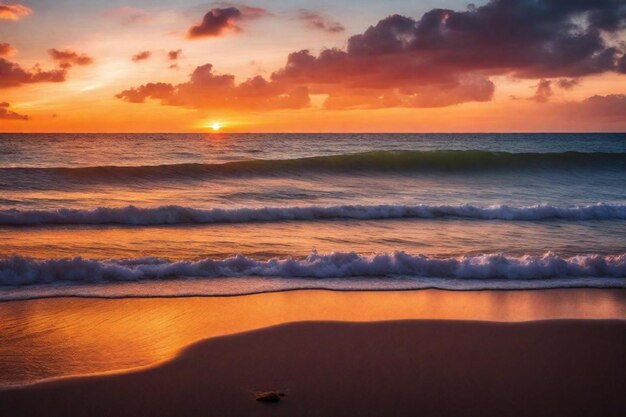 um pôr-do-sol sobre o oceano com uma cena de praia e o pôr- do- sol