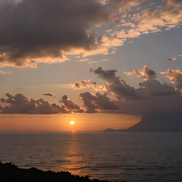 um pôr-do-sol sobre o oceano com uma montanha ao fundo