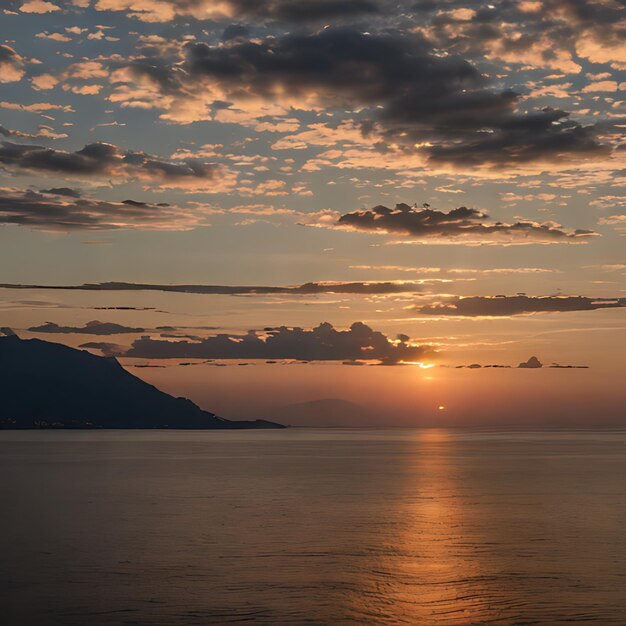 um pôr-do-sol sobre o oceano com uma montanha ao fundo