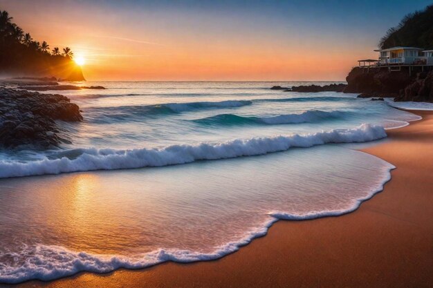 Um pôr-do-sol sobre o oceano com uma onda a bater na costa
