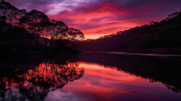Um pôr do sol sobre o rio com árvores e um céu vermelho