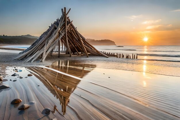 Um pôr-do-sol sobre um barco de pesca na praia