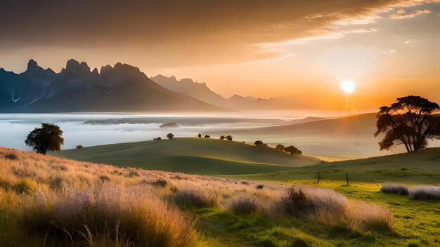 Um pôr do sol sobre um campo com montanhas ao fundo