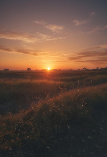 um pôr-do-sol sobre um campo com o sol a pôr-se atrás dele