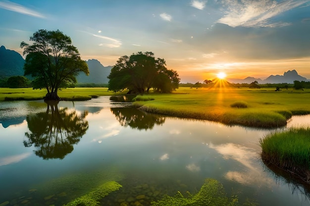 Um pôr do sol sobre um campo com um rio e árvores