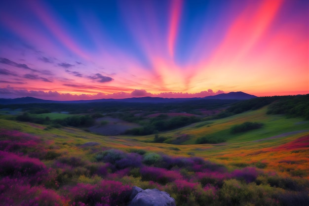 Um pôr do sol sobre um campo de flores com o sol se pondo atrás dele