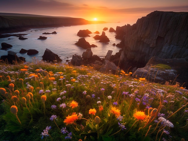 Um pôr do sol sobre um campo de flores silvestres