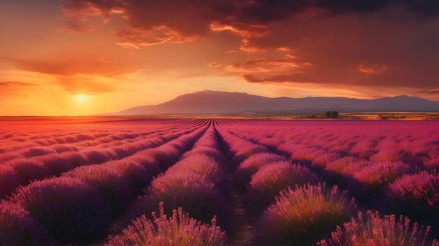 Um pôr do sol sobre um campo de lavanda com uma montanha ao fundo