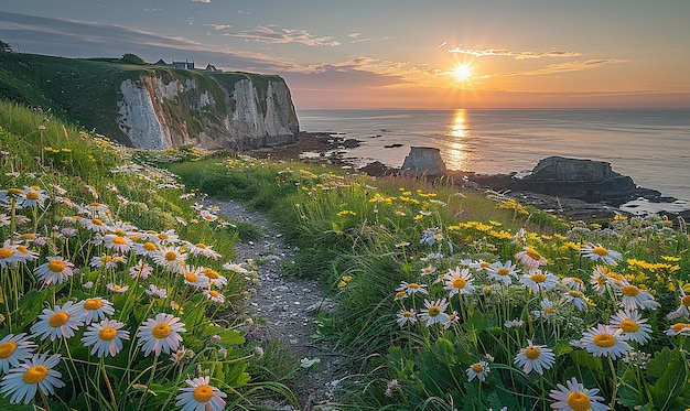 Um pôr-do-sol sobre um campo de margaridas e um caminho que leva ao mar