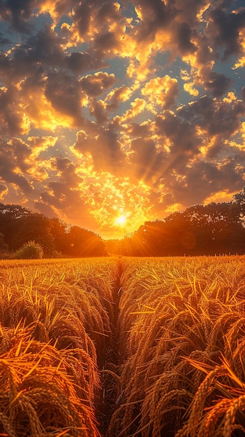 um pôr-do-sol sobre um campo de trigo com o sol brilhando através das nuvens
