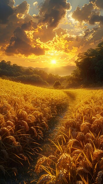 Um pôr-do-sol sobre um campo de trigo com um caminho que leva a um pôr- do sol dourado