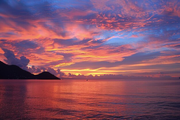 Um pôr-do-sol sobre um corpo de água com montanhas ao fundo