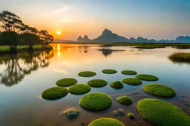 Um pôr-do-sol sobre um lago com algas verdes na água.