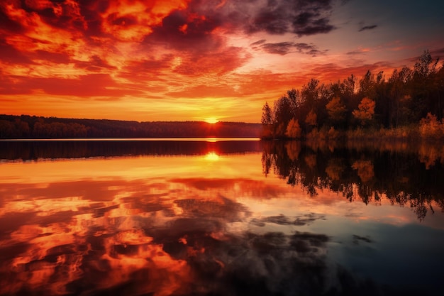 Um pôr do sol sobre um lago com árvores e nuvens generative AI