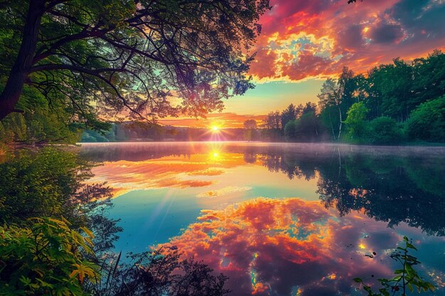 um pôr-do-sol sobre um lago com árvores e nuvens no céu