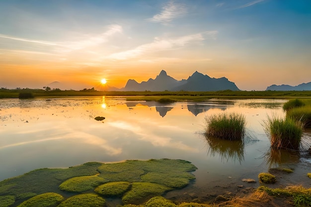 Um pôr-do-sol sobre um lago com montanhas ao fundo