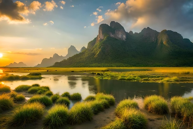 Um pôr-do-sol sobre um lago com montanhas ao fundo