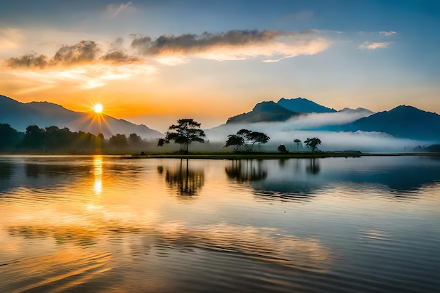 Um pôr do sol sobre um lago com montanhas ao fundo