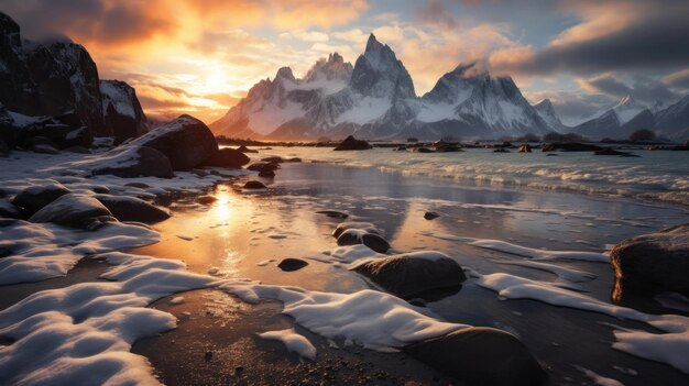 um pôr-do-sol sobre um lago com montanhas ao fundo