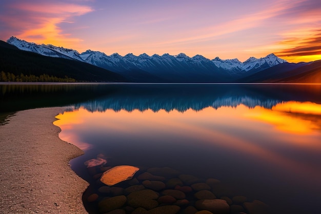 Um pôr do sol sobre um lago com montanhas ao fundo