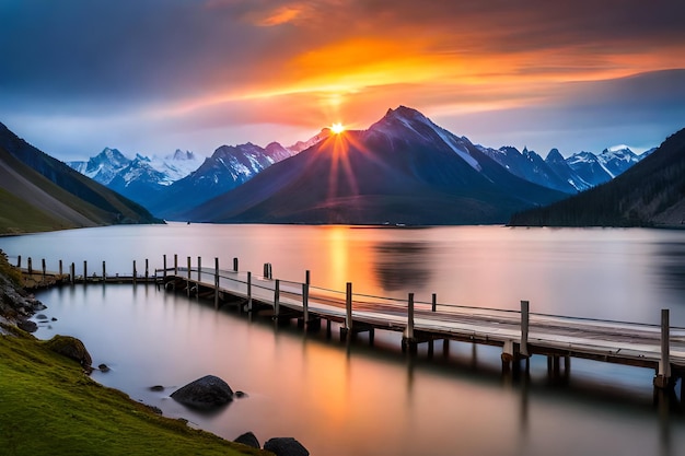 Um pôr do sol sobre um lago com montanhas ao fundo