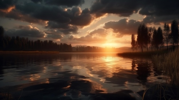 Um pôr do sol sobre um lago com nuvens e um pôr do sol generativo ai