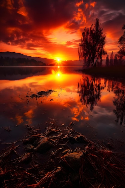 Um pôr do sol sobre um lago com um céu vermelho e o sol brilhando na água.