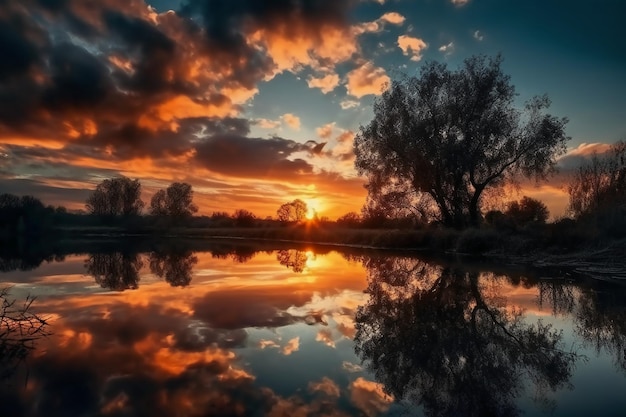 Um pôr do sol sobre um lago com uma árvore em primeiro plano e o céu é laranja e azul.