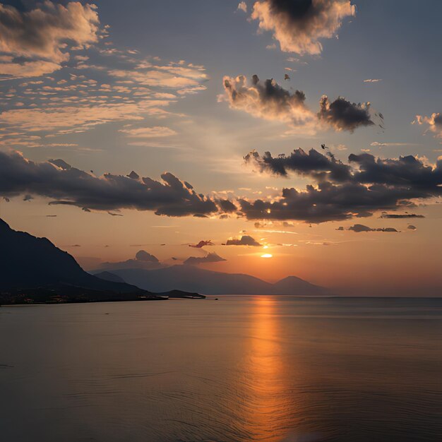 um pôr-do-sol sobre um lago com uma montanha ao fundo