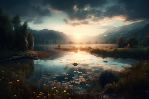 Um pôr do sol sobre um lago com uma montanha ao fundo