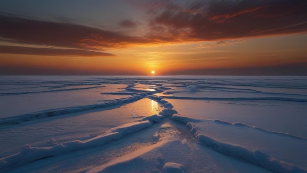 um pôr-do-sol sobre um lago congelado com o sol a pôr-se atrás do horizonte