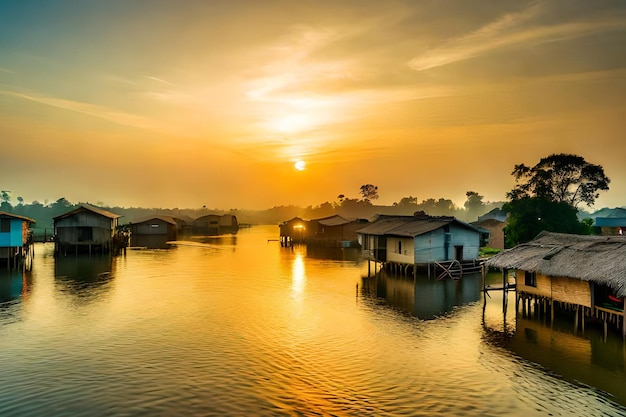 Um pôr do sol sobre um rio com casas sobre palafitas e um rio em primeiro plano.