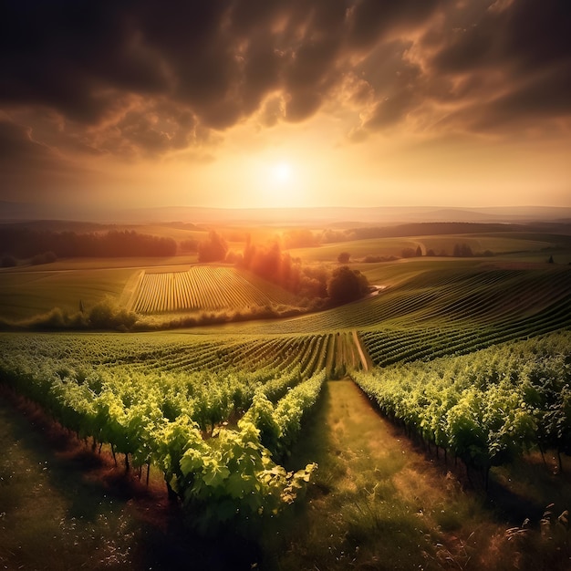 Um pôr do sol sobre um vinhedo com céu nublado