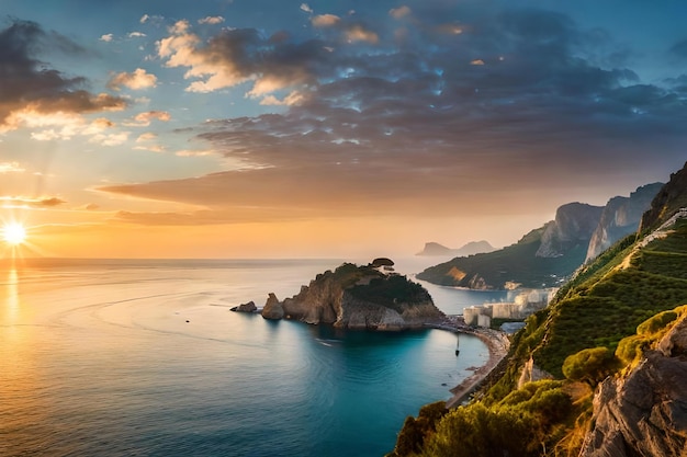 Um pôr do sol sobre uma baía com vista para o mar e as montanhas ao fundo.