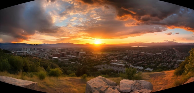 Um pôr do sol sobre uma cidade com vista para a cidade abaixo.