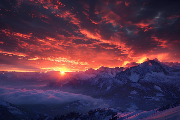 Um pôr-do-sol sobre uma cordilheira com nuvens e um sol laranja brilhante no céu acima e abaixo de um