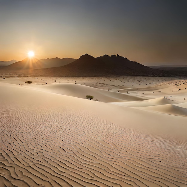 Um pôr do sol sobre uma duna de areia com o sol se pondo atrás dele