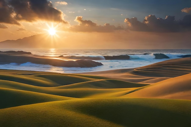 Um pôr do sol sobre uma duna de areia com o sol se pondo atrás dele.