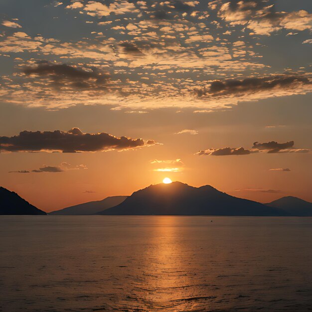 um pôr-do-sol sobre uma montanha com um sol a pôr-se atrás dele